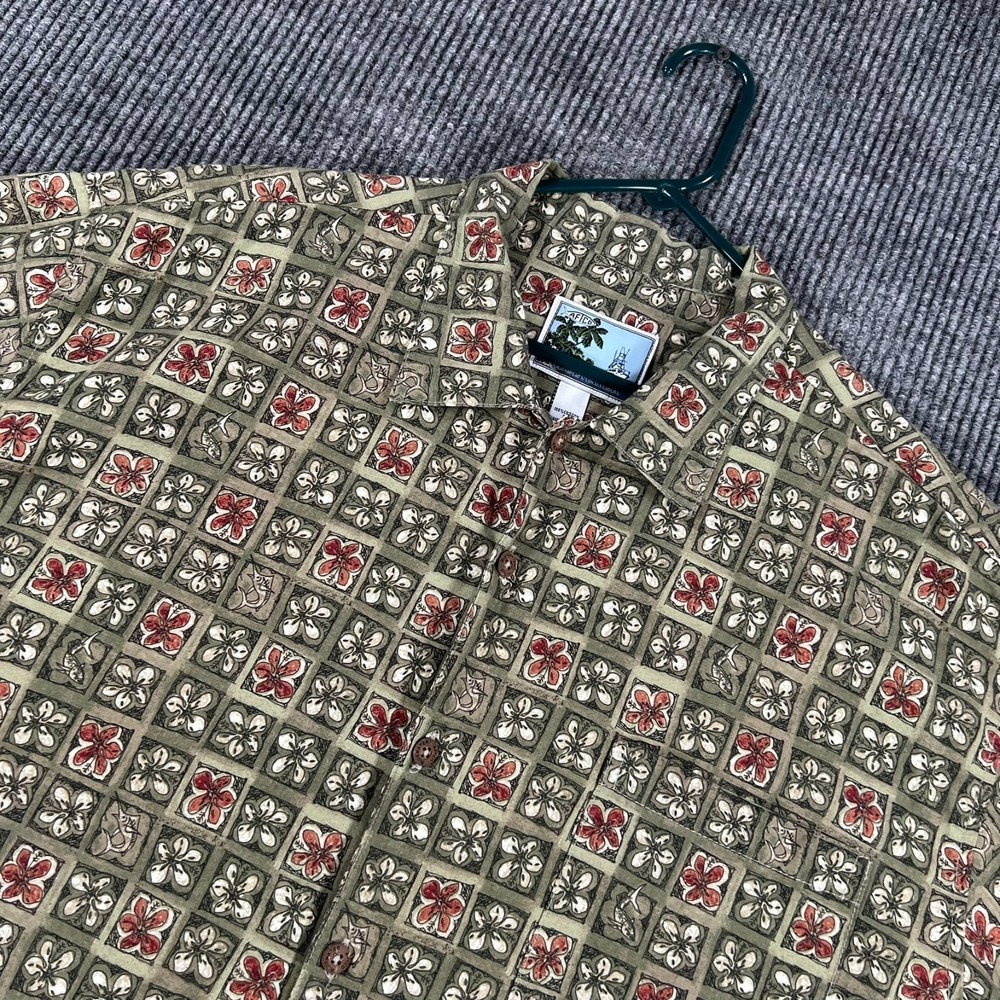 Vintage AFTCO Shirt Mens 2X Green Geometric Short Sleeve Button Up Hawaiian